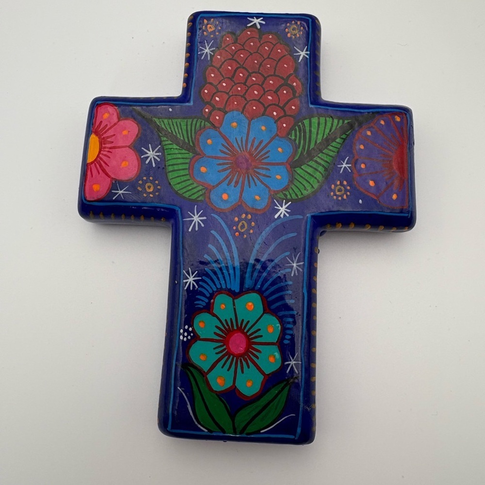 Handcrafted in Mexico Novica Blue Floral Cross Wall Art